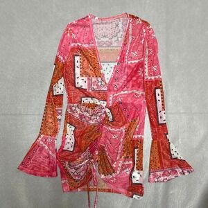 Blush Mark Womens Mesh Top S Pink Multi Abstract Sheer Long Sleeve Y2K Festival